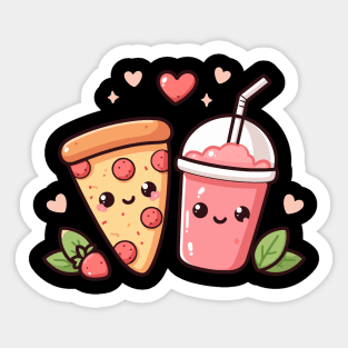 Pepperoni Pizza and Strawberry Drink with Hearts in Kawaii Style | Kawaii Food Art Sticker